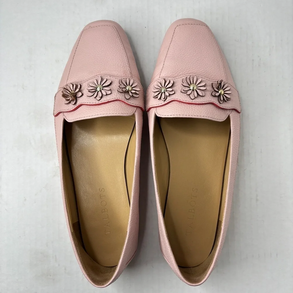Talbots Pink Leather Loafers Ballet Flats Floral Vamp Strap 8.5 WIDE Preppy